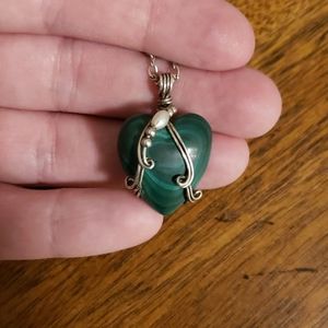Sterling Silver Wire Wrapped Malachite and Pearl